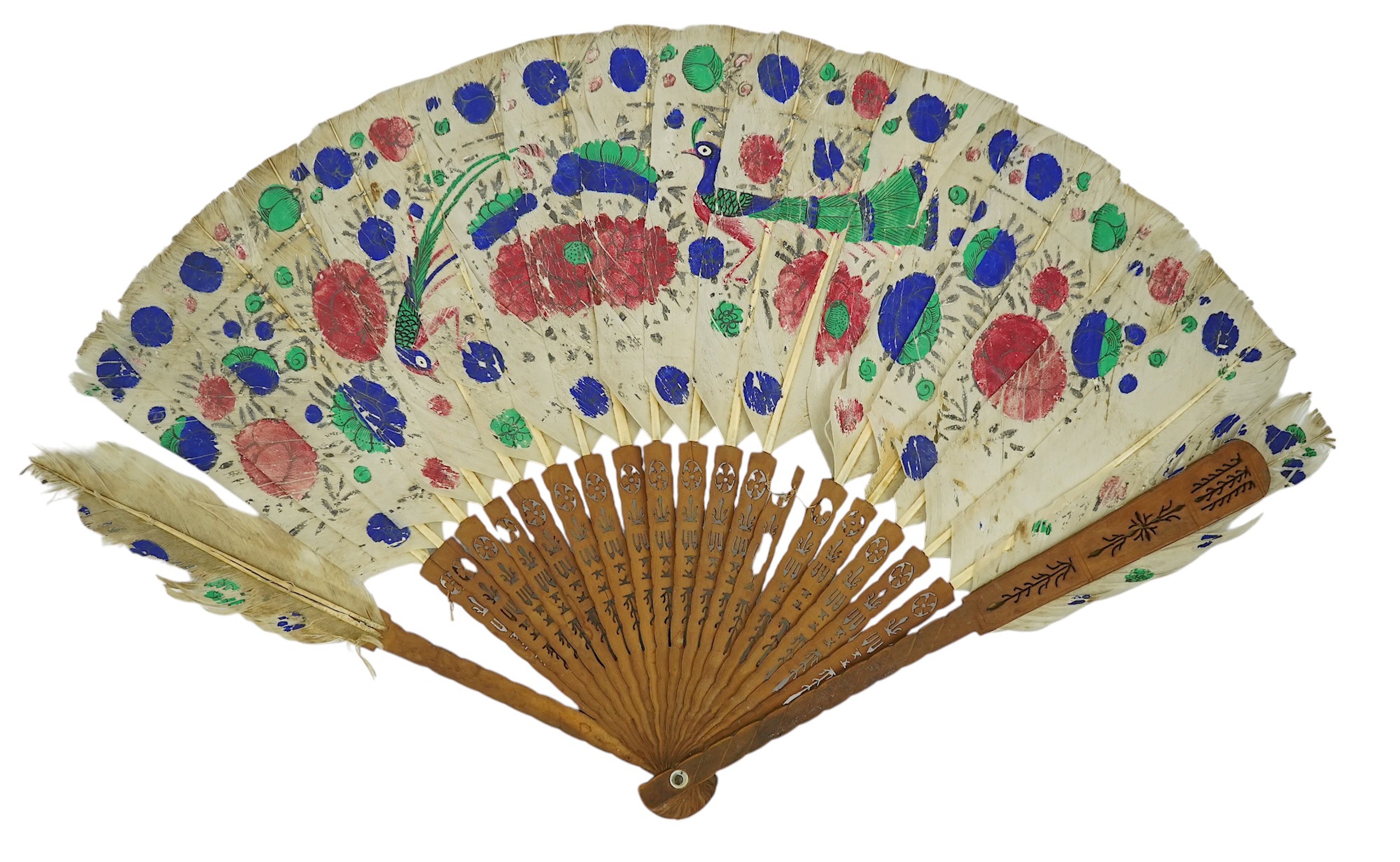 Three 19th century Chinese feather fans: One a carved bone brise black feather fan together with two similar carved sandalwood feather fans, two fans have hand painted decoration on the feathers both sides, the pink feat